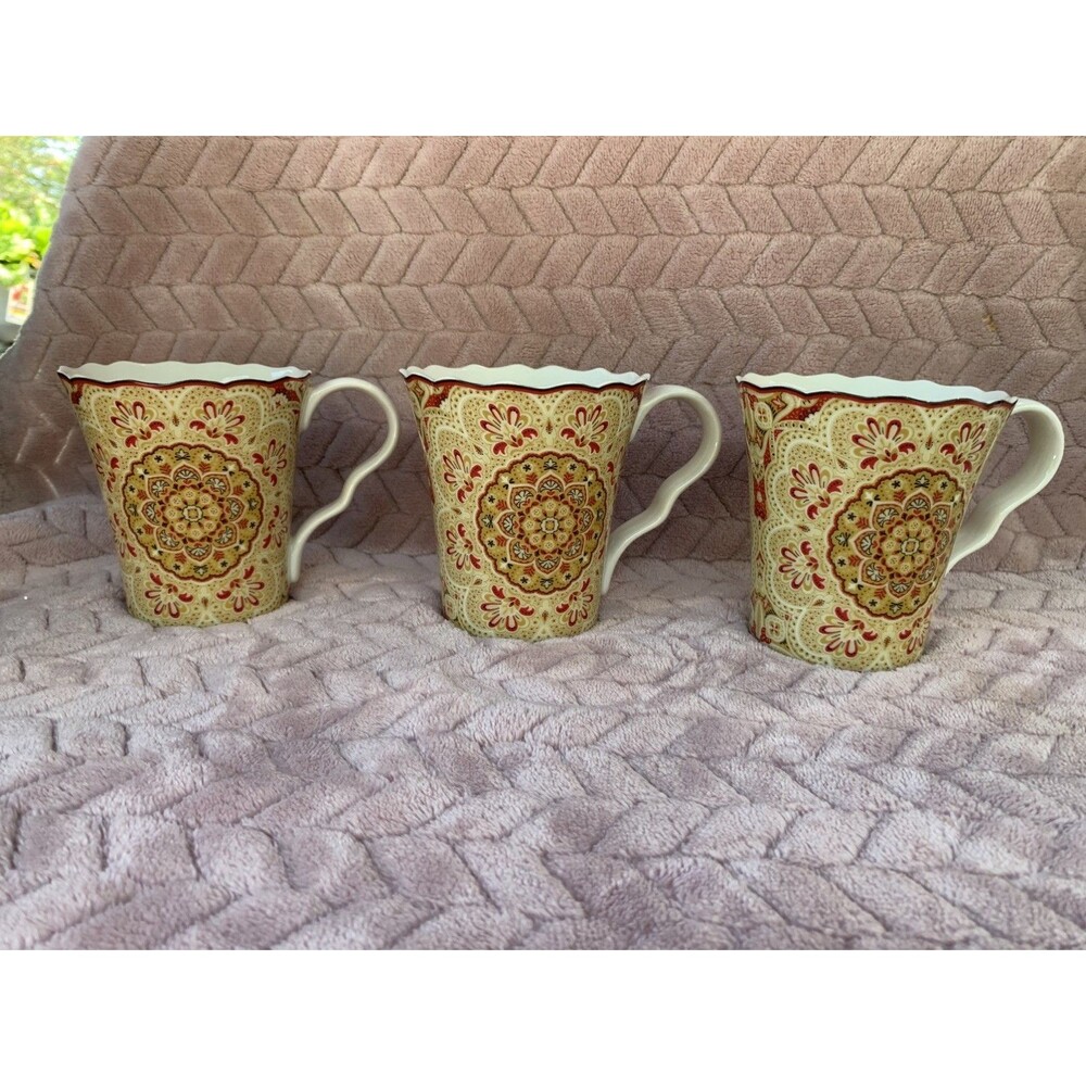 Lyria Saffron By 222 FIFTH 3 Mugs Scalloped Edges Floral Mandala Type design New